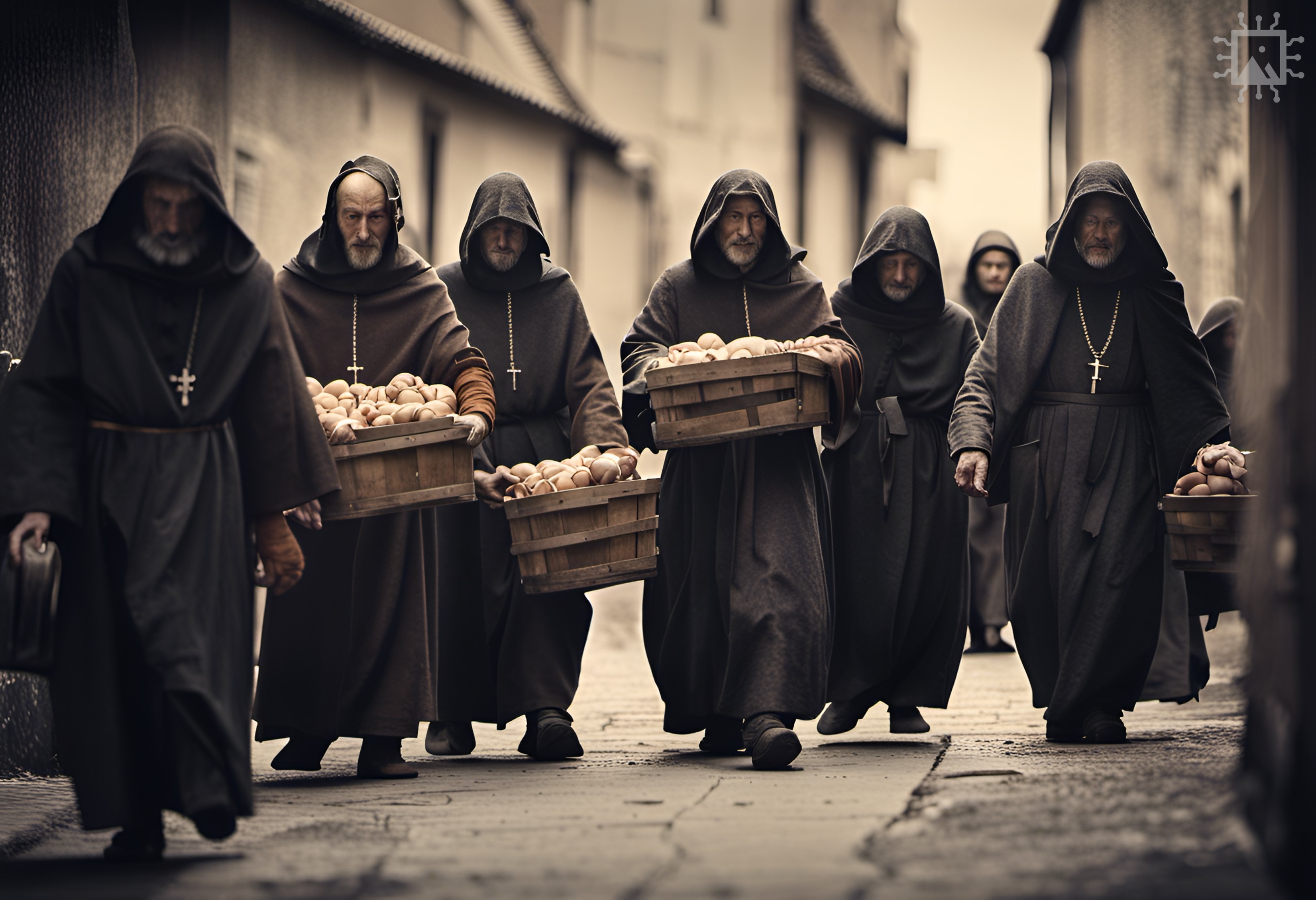 Artificial Intelligence-generated image produced using DreamStudio [accessed 20-09-2023]: ‘Early medieval Benedictine monks in black robes distributing alms to the poor.’ Find out more: rochestercathedral.org/research/ai