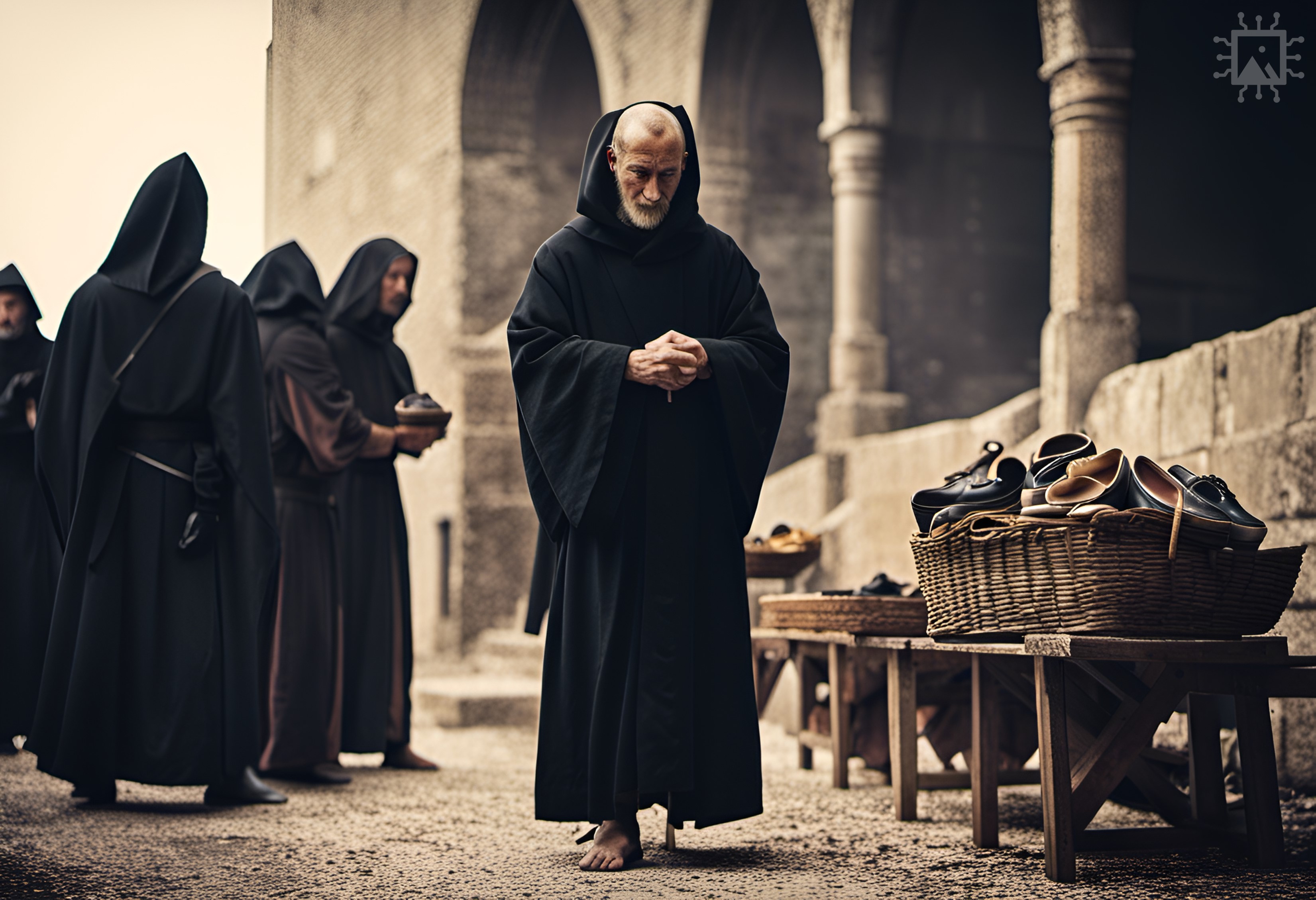 Artificial Intelligence-generated image produced using DreamStudio [accessed 13-08-2023]: ‘An early medieval Benedictine monk in a black robe distributing clothing and shoes to other monks.’ Find out more: rochestercathedral.org/research/ai