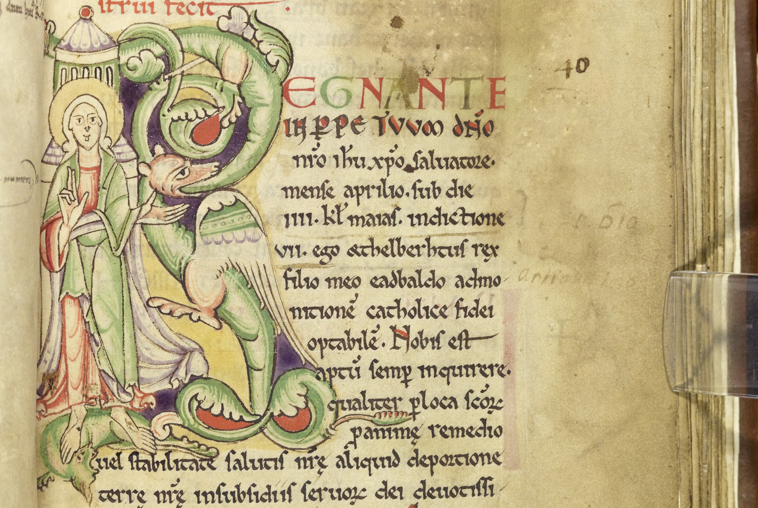 A richly illuminated 'B' opens the Rochester Bestiary.