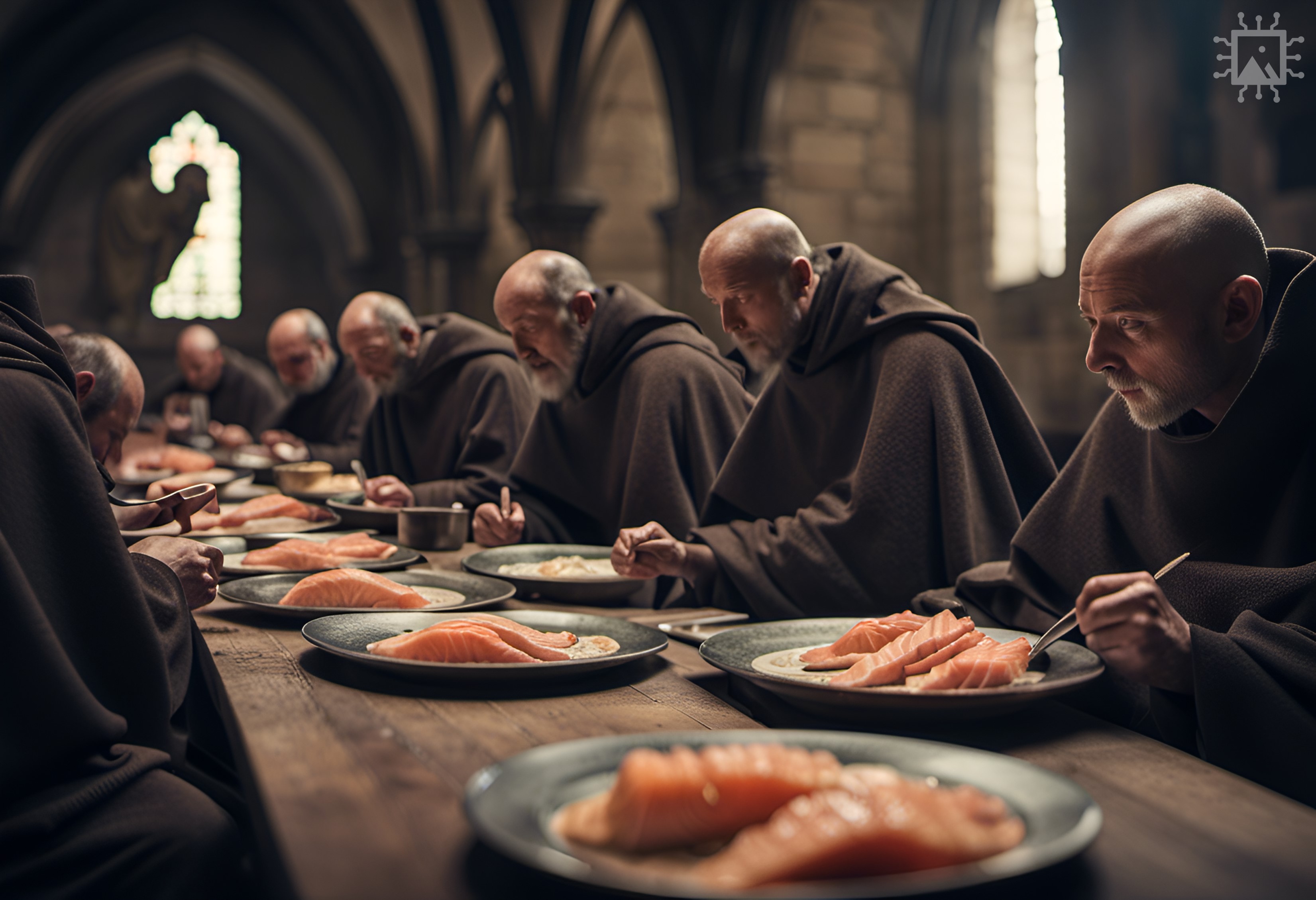 Artificial Intelligence-generated image produced using DreamStudio [accessed 12-08-2023]: ‘A group of clean-shaven medieval Benedictine monks eating cooked salmon in a medieval refectory.’ Find out more: rochestercathedral.org/research/ai